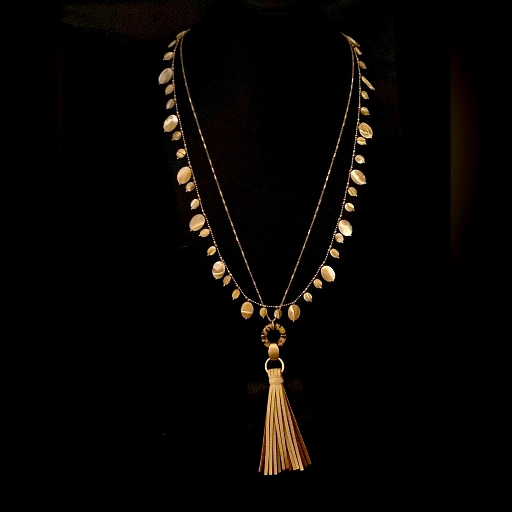 Two extra long, brushed light gold-tone necklaces